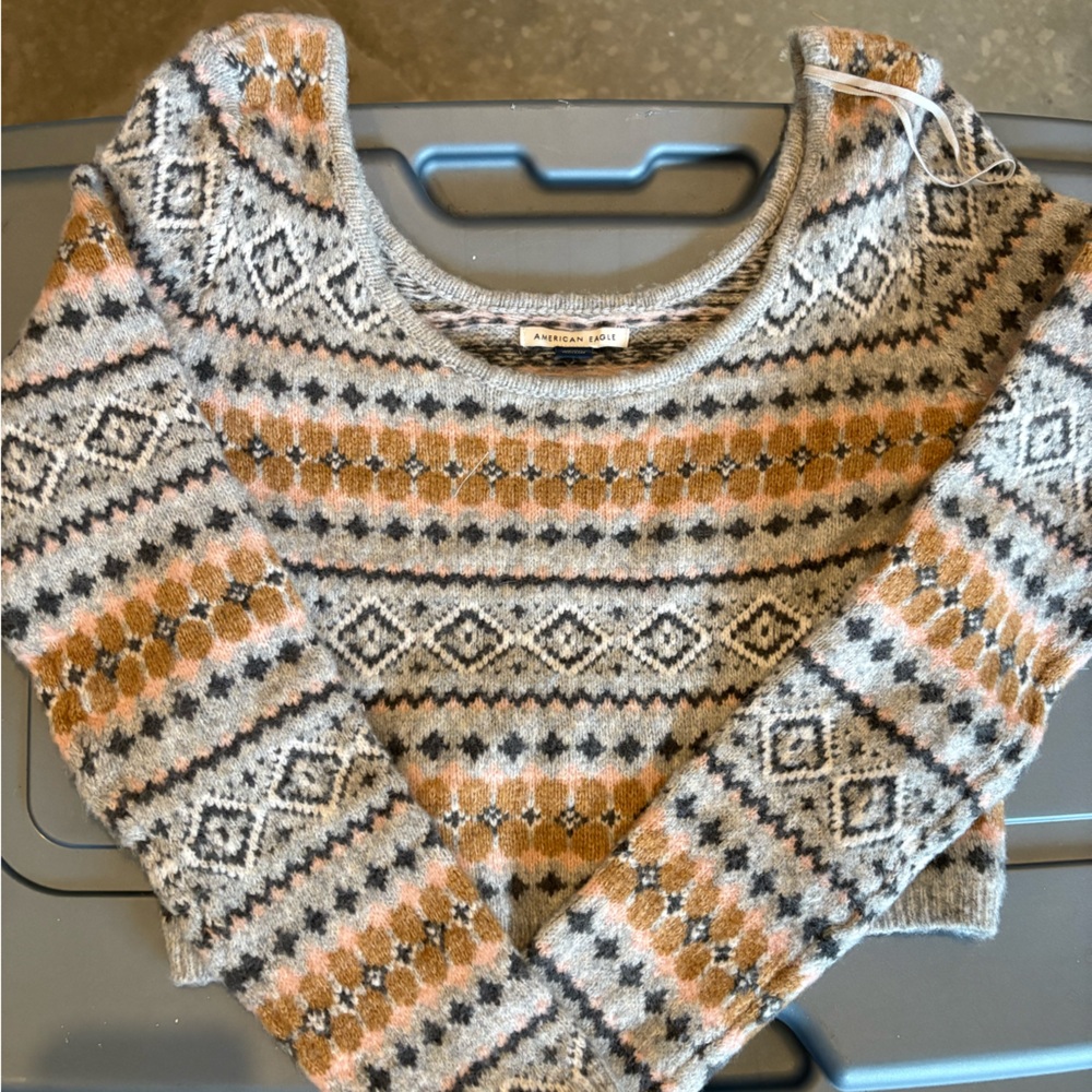 American Eagle Outfitters Fair Isle Crewneck Sweater - Gray & Tan
